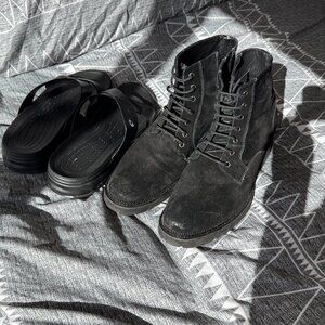 CALTO Men’s Size 12 Black Suede Elevator Boots + Slides Bundle